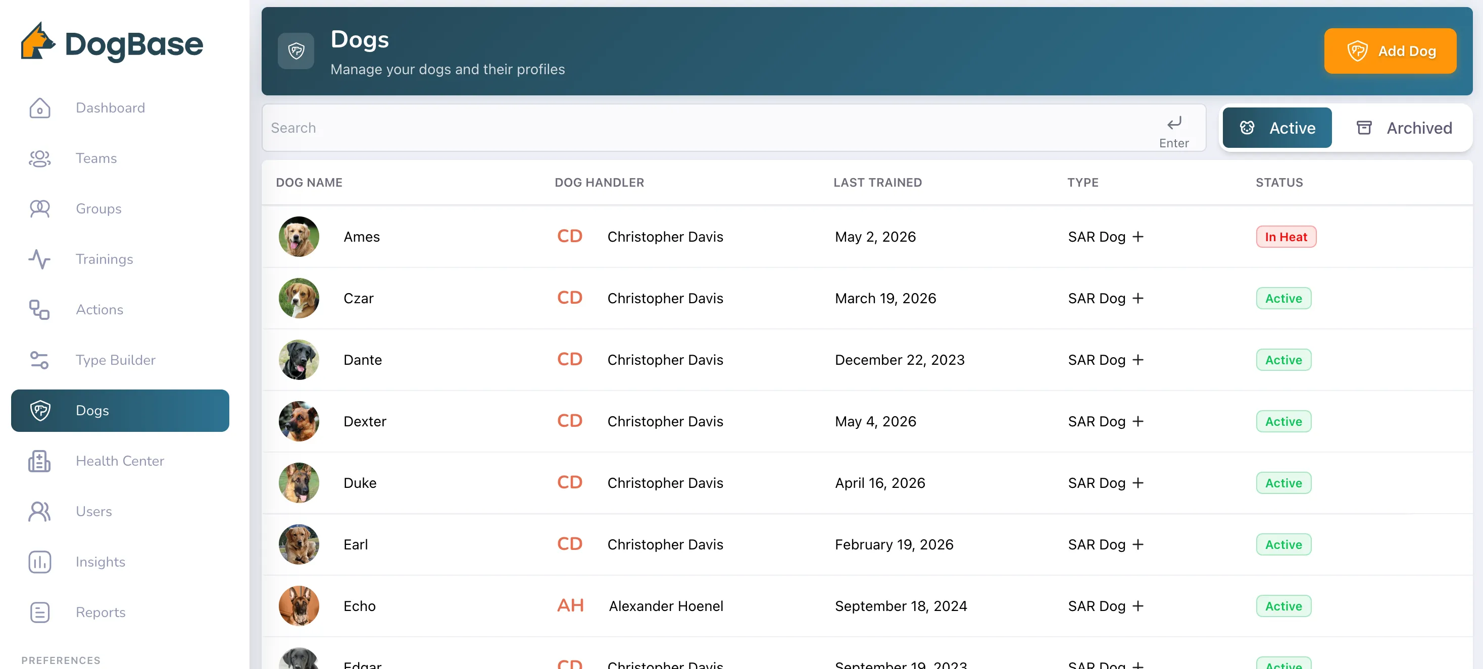 DogBase app interface showing a list of dogs with their handlers, last training dates, types, and statuses, with most dogs marked active.