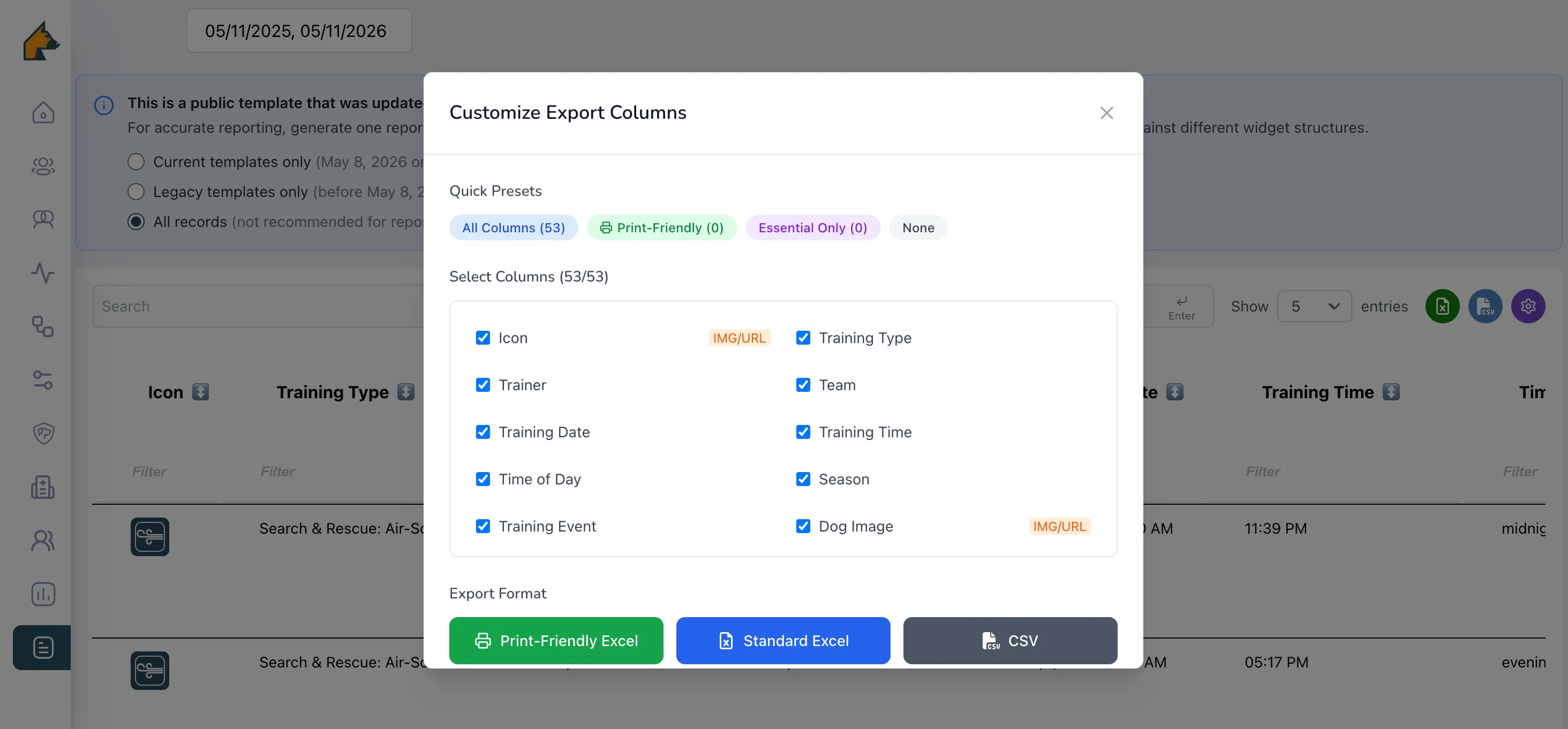 Popup window titled Customize Export Columns with options to select export columns including Icon, Trainer, Training Date, and Dog Image, plus buttons for Print-Friendly Excel, Standard Excel, and CSV export formats.
