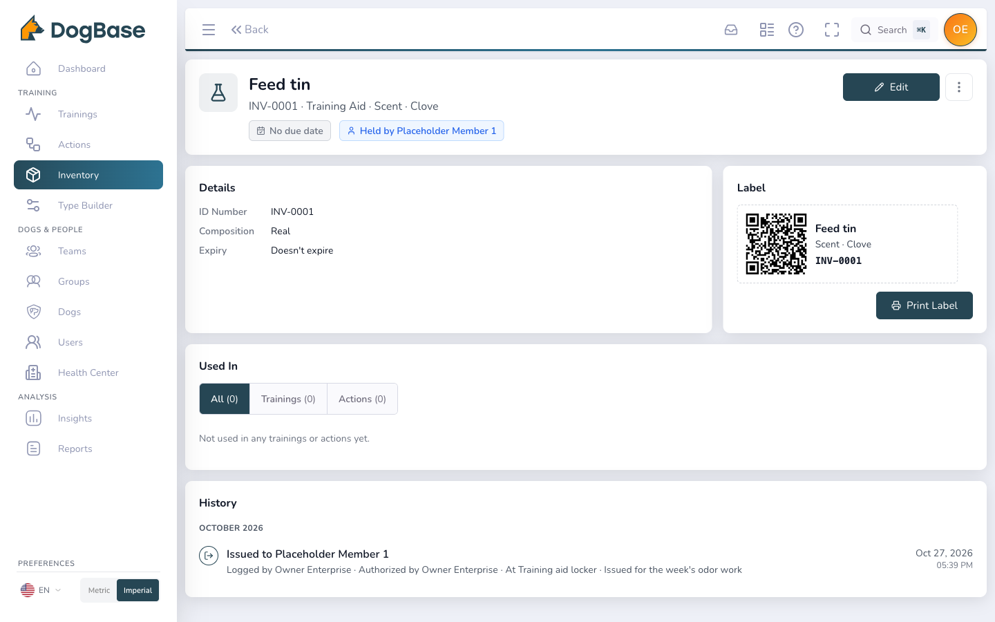 DogBase training aid record with QR label, Used In sessions, and chain of custody history showing who issued it and when