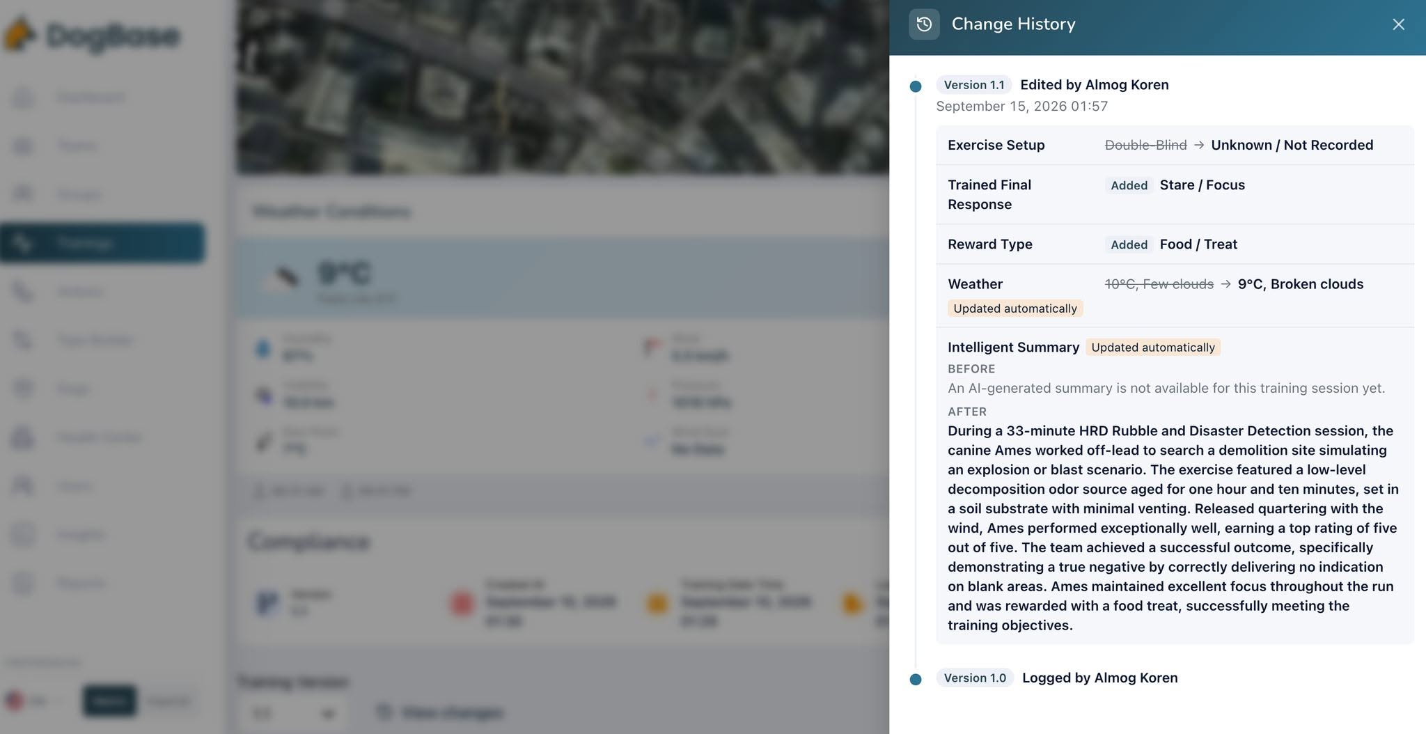 DogBase View changes panel showing the edit history of a training record