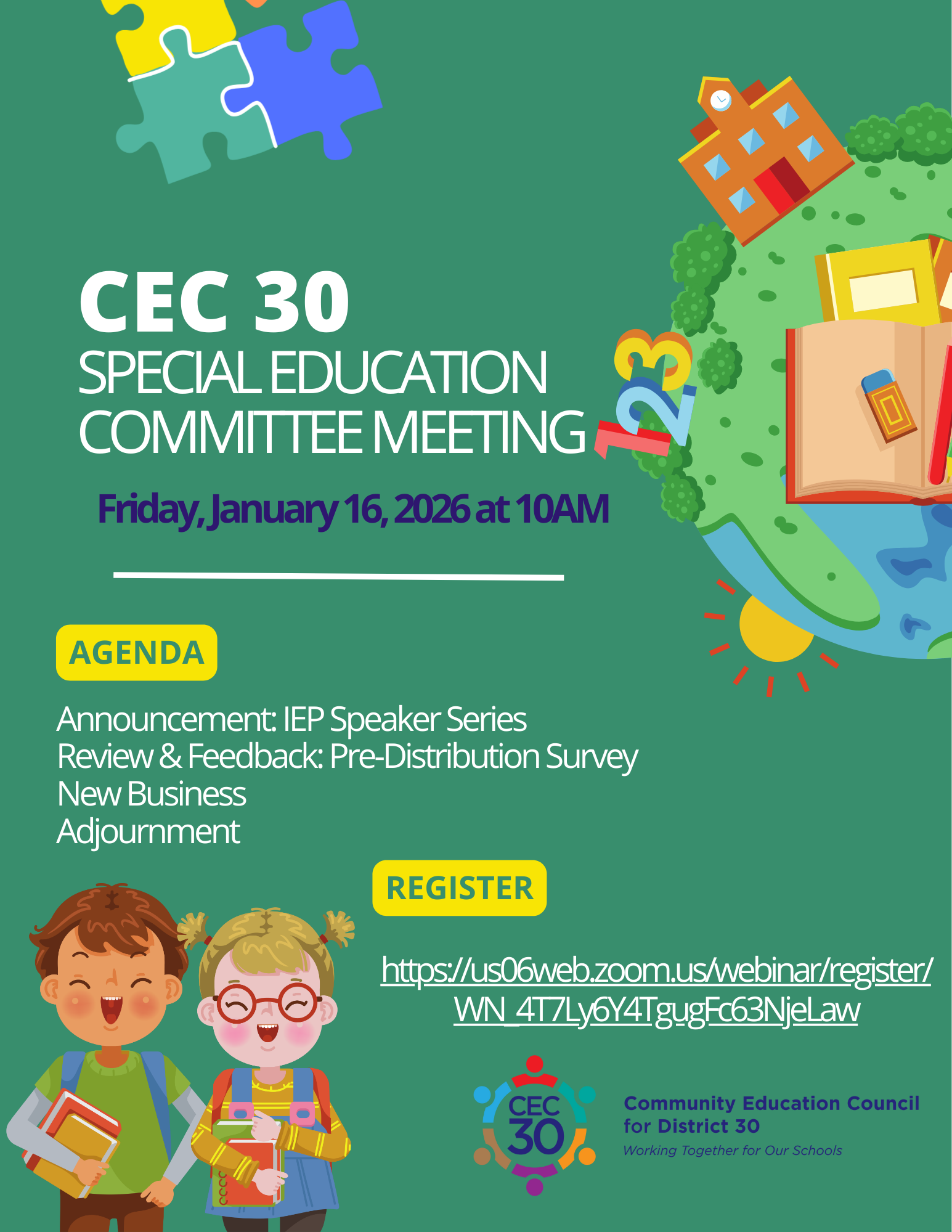 CEC 30 Special Education Committee Meeting flyer Friday January 16 2026