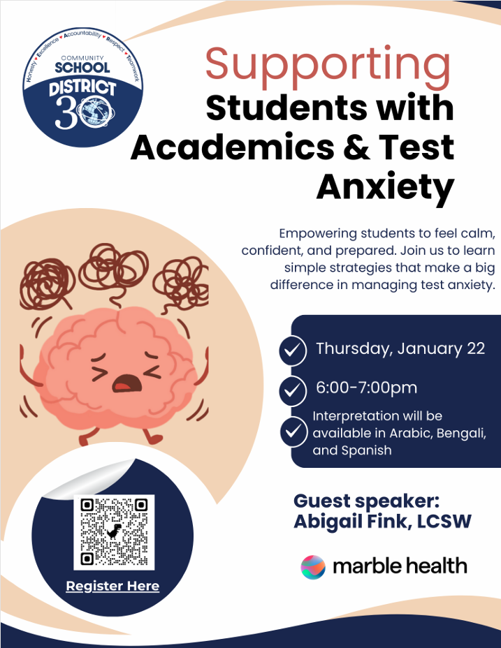 Flyer for District 30 student test anxiety support event January 22
