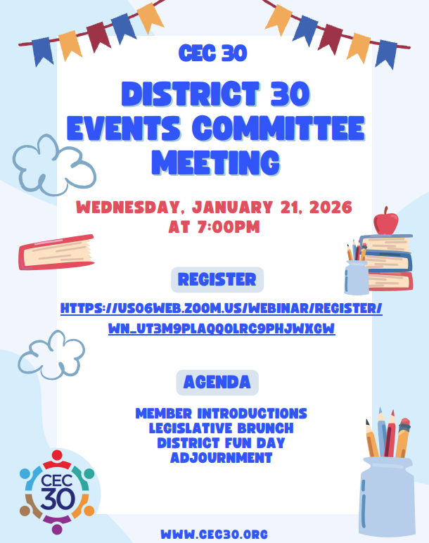 CEC 30 District 30 Events Committee Meeting flyer January 21 2026