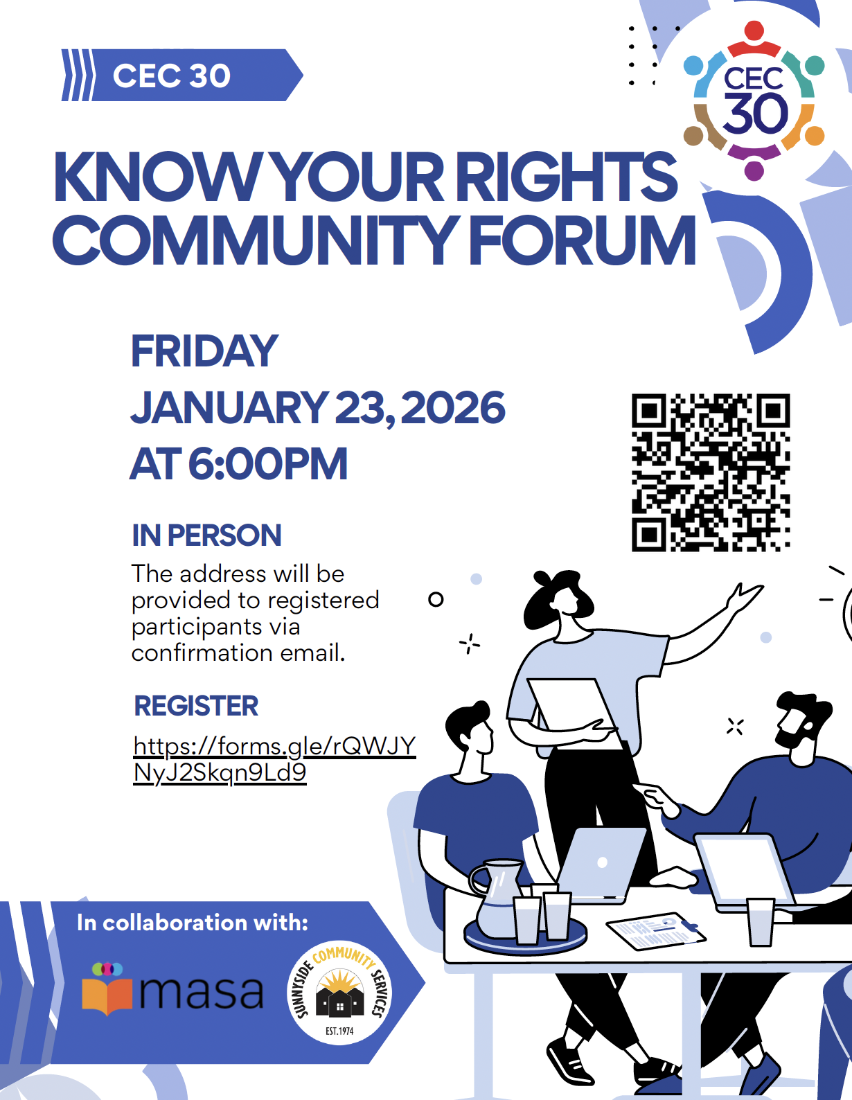 CEC 30 Know Your Rights Community Forum flyer January 23 2026