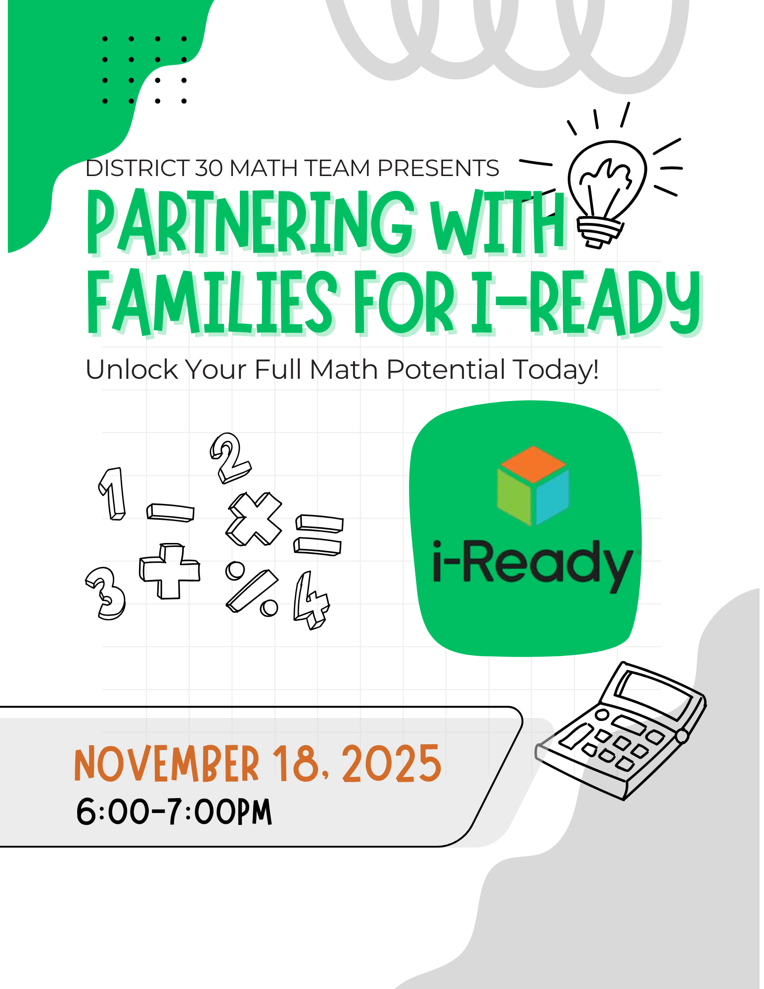 District 30 i-Ready family math workshop flyer November 18 2025