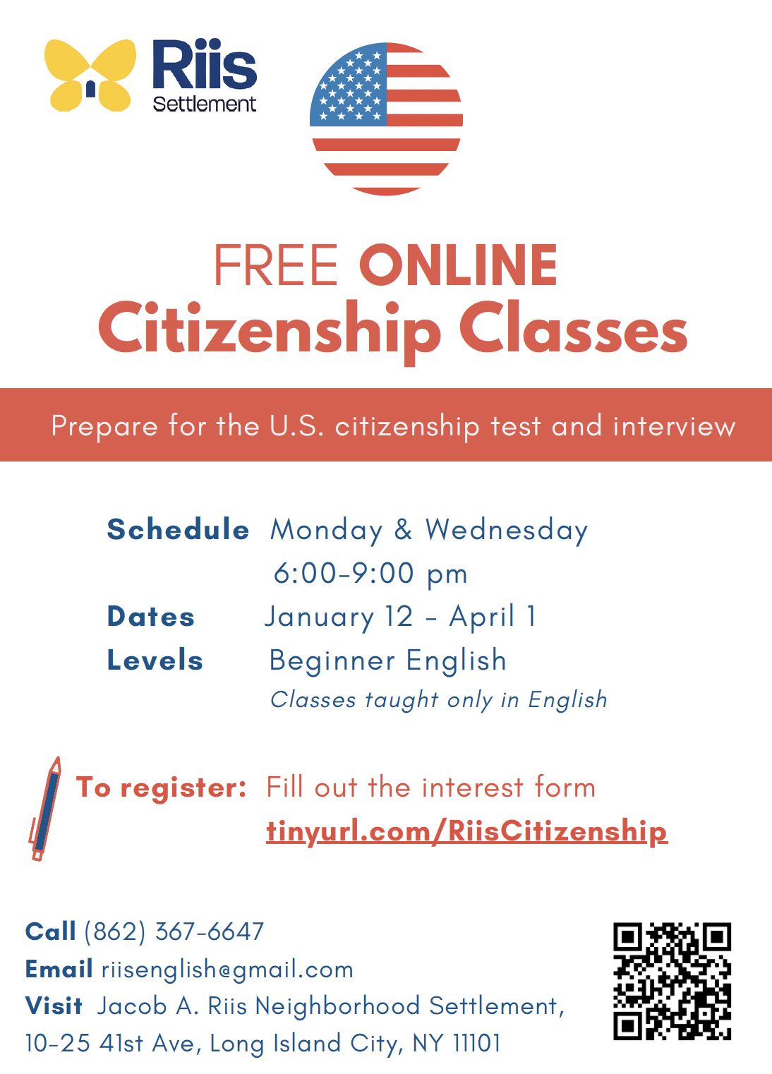 Flyer for free online citizenship classes at Riis Settlement spring 2022