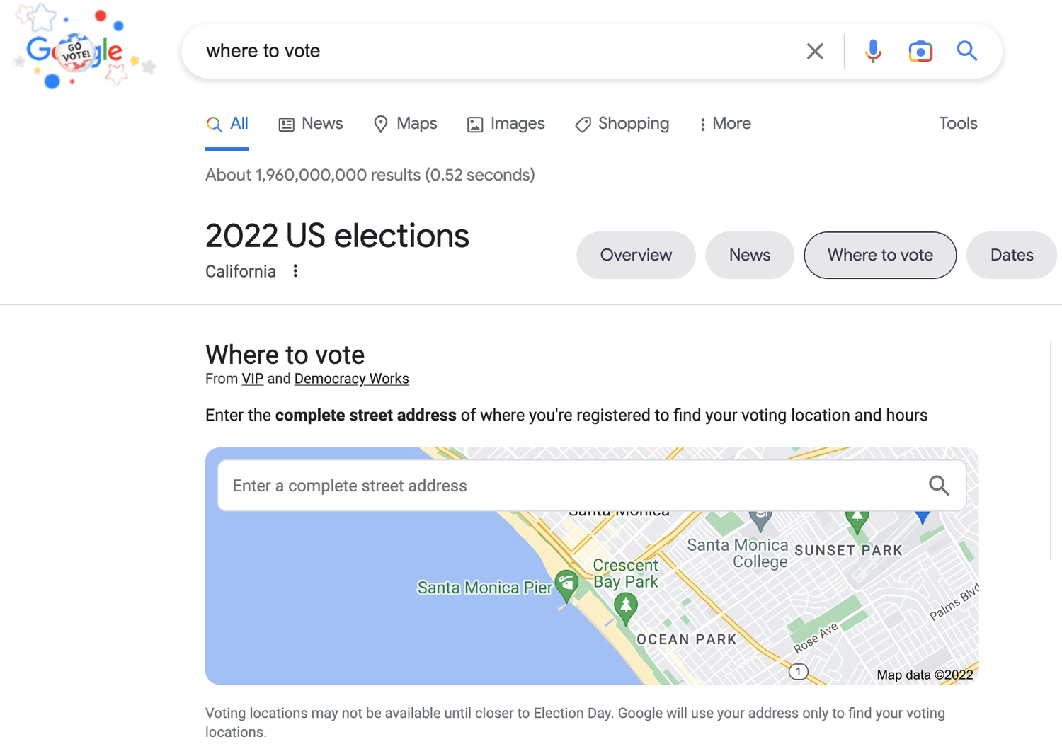 Google search of "where to vote" for 2022 Midterm Elections