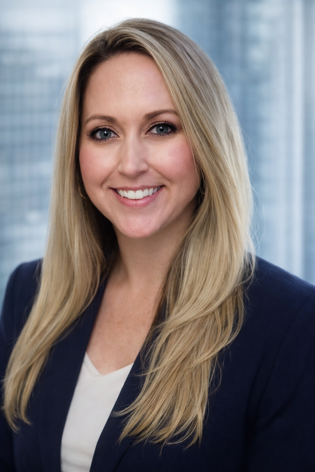 Smiling woman with long blonde hair wearing a navy blazer and white top in an office setting.