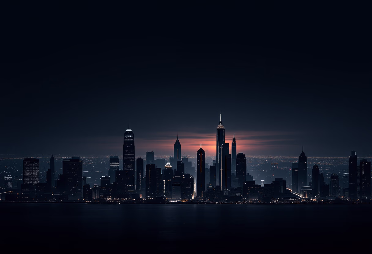 image of city skyline at sunset (for a fintech company)