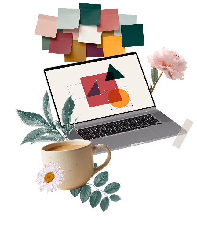 Laptop displaying abstract shapes, surrounded by sticky notes, a coffee cup, green leaves, and flowers.