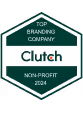 Hexagonal badge stating Top Branding Company Clutch Non-Profit Leader 2023.