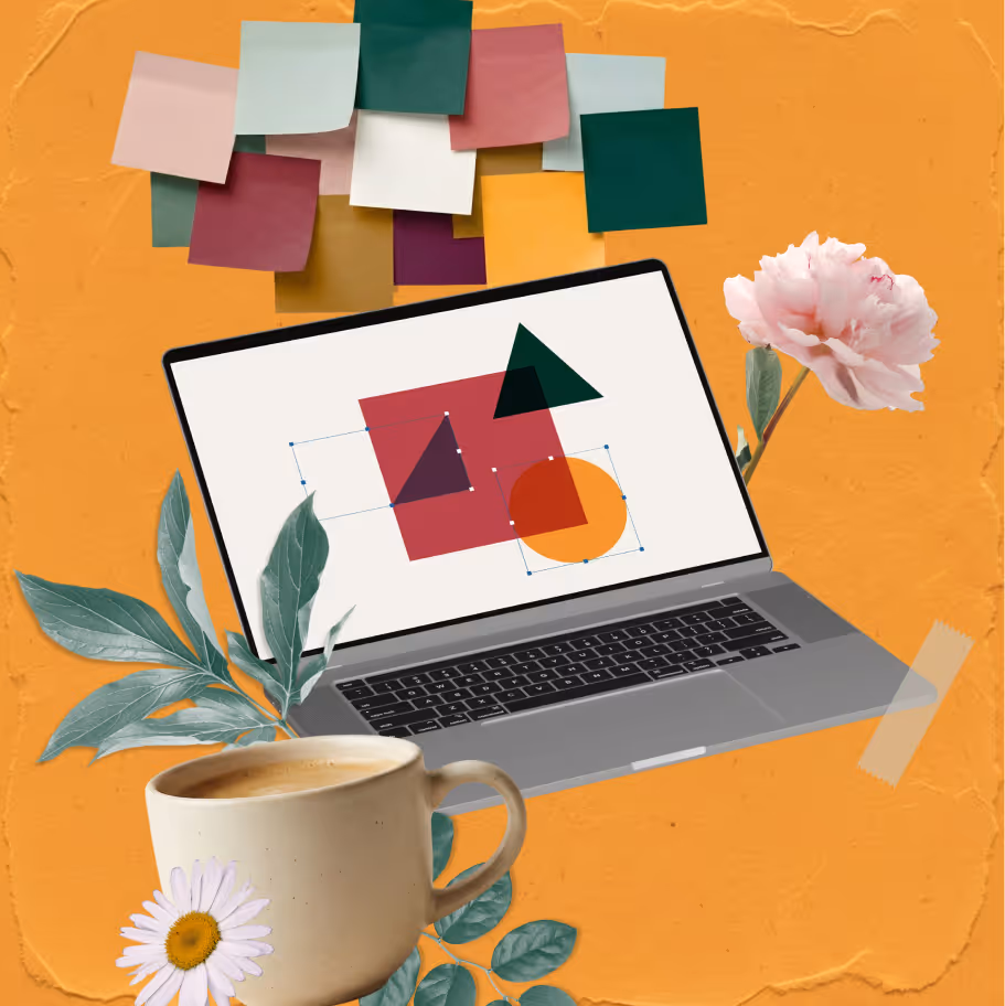 Laptop with geometric shapes on screen, surrounded by coffee mug, flowers, leaves, and sticky notes on orange background.