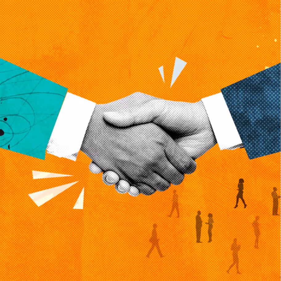 Two hands shaking in agreement over an orange background with small walking people silhouettes.