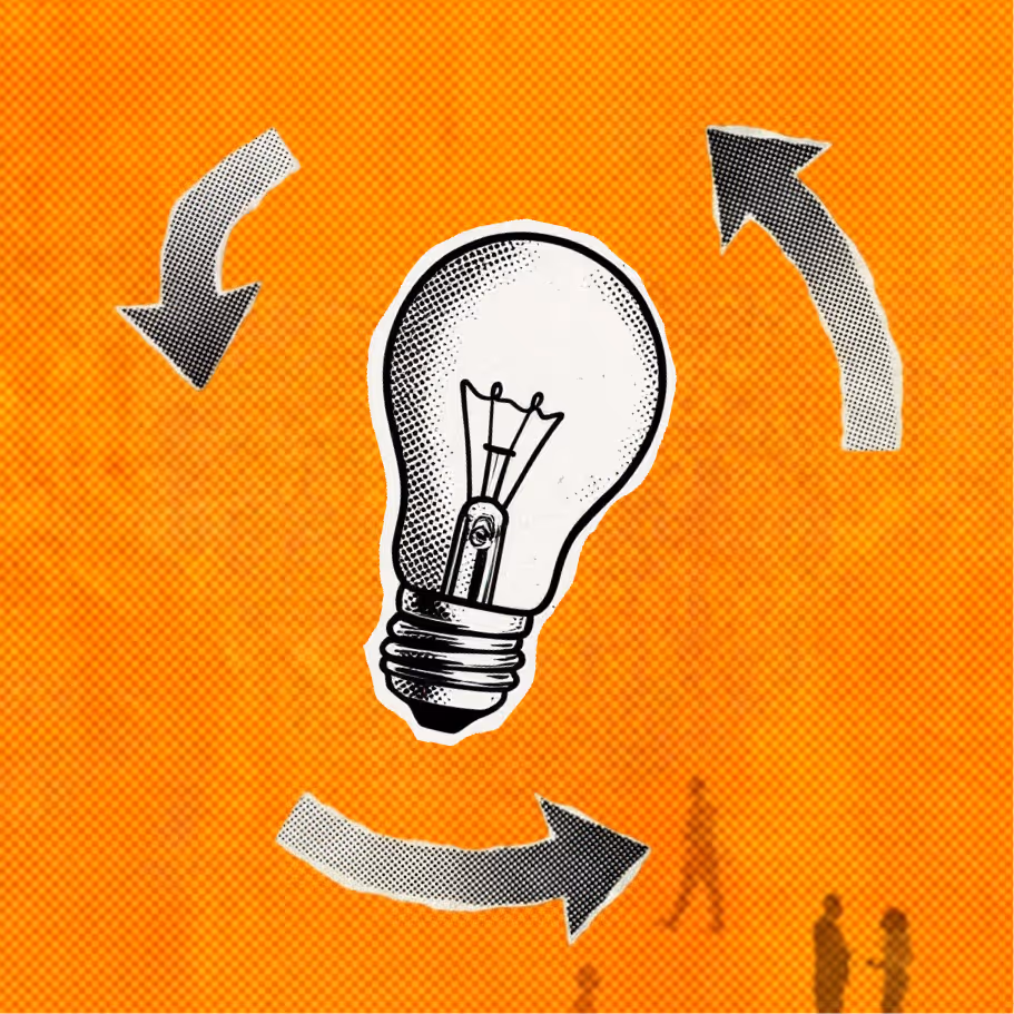 Black and white vintage light bulb with three curved arrows on an orange background and small human silhouettes.