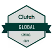 Clutch Global Spring 2024 award badge with a green ribbon on a hexagonal background.