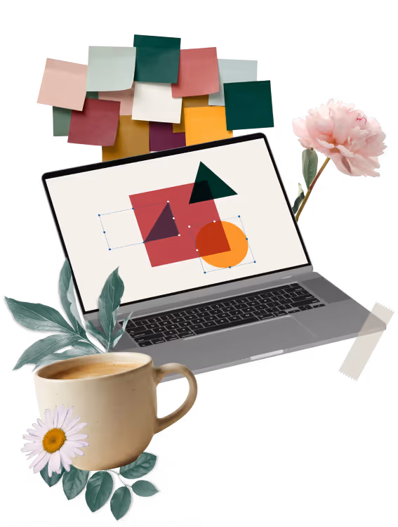 Laptop with geometric shapes on screen, sticky notes above, coffee cup and flowers around it.