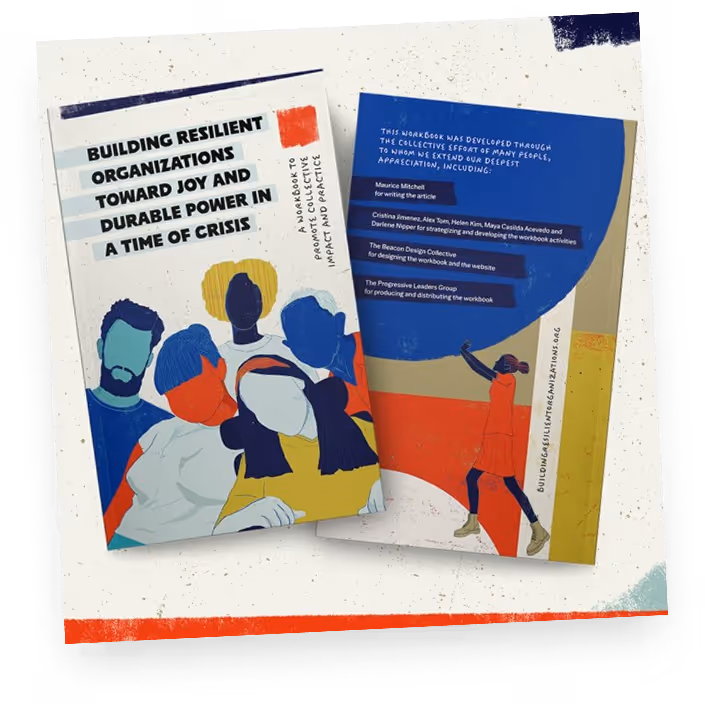 Book cover titled Building Resilient Organizations Toward Joy and Durable Power in a Time of Crisis with illustrated people.