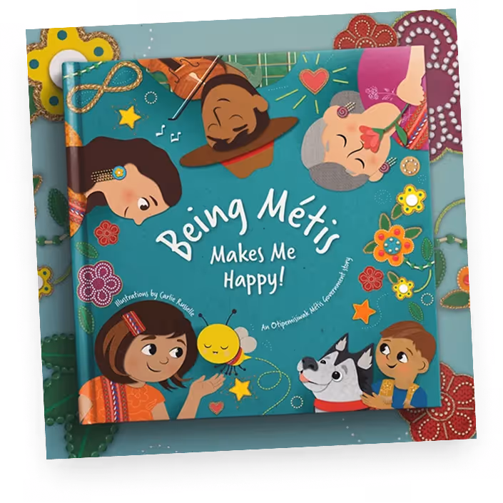 Children and an elder with a dog and a bee surround the book titled Being Métis Makes Me Happy!