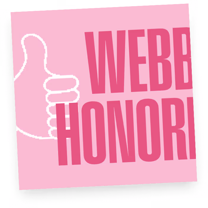White thumbs-up icon beside text that partially reads WEBB HONOR in bold pink letters.