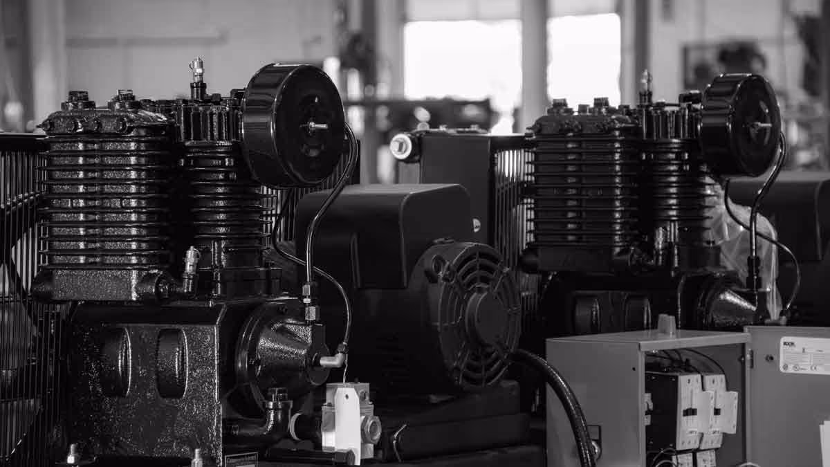 Close-up of industrial air compressors and electrical components inside a factory setting.