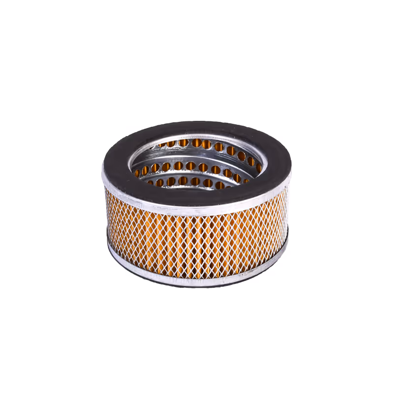 Circular automotive air filter with pleated white filter media and black rubber edges.