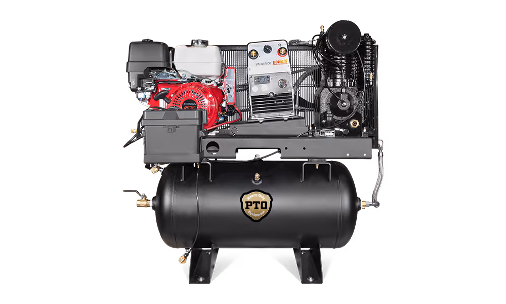Black PTO air compressor tank with attached mechanical components including a red Honda engine and control panel.