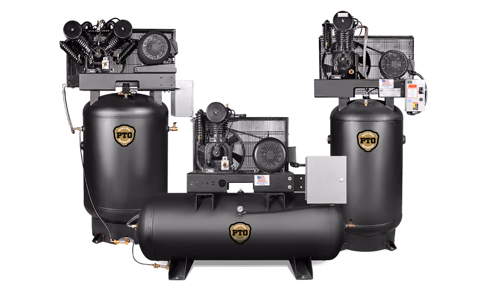 Three black industrial air compressors with PTO logos, featuring vertical and horizontal tanks and attached motors.