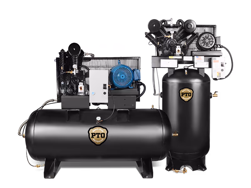 Two black industrial air compressors with PTO labels, one horizontal and one vertical, featuring gauges, motors, and piping.