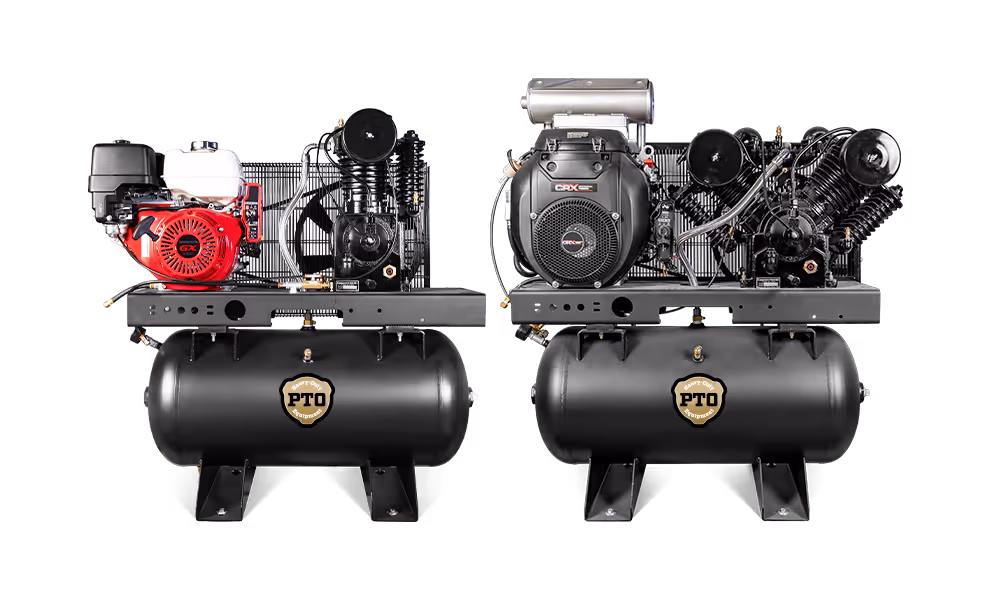 Two industrial air compressors with black tanks labeled PTO, featuring engines and compressors mounted on top.