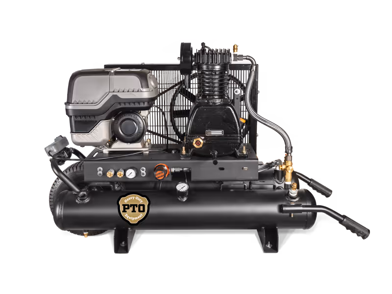 Heavy-duty PTO air compressor with black tank and various gauges and fittings.