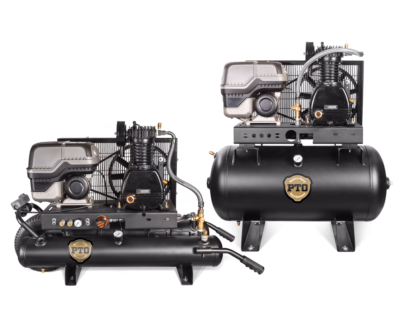 Heavy-duty PTO air compressor with black tank and various gauges and fittings.