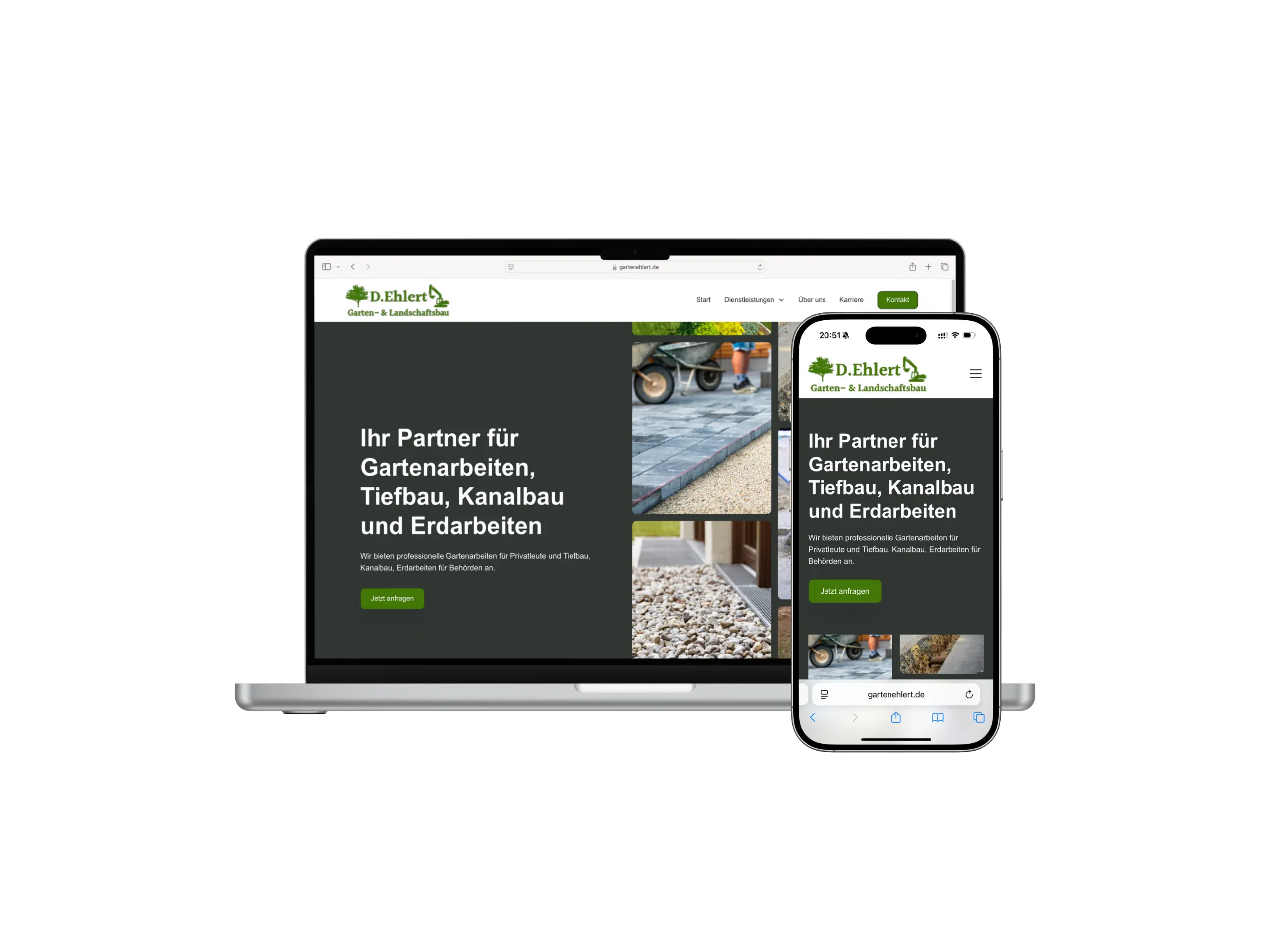 Neue Internetseite für Ehlert Gartenbau – Gartenarbeiten, Tiefbau, Kanalbau und Erdarbeiten aus Kalletal (Mockup auf Laptop und Smartphone)