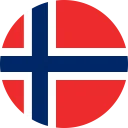 Bandera de Noruega en forma circular con cruz azul y bordes blancos sobre fondo rojo.