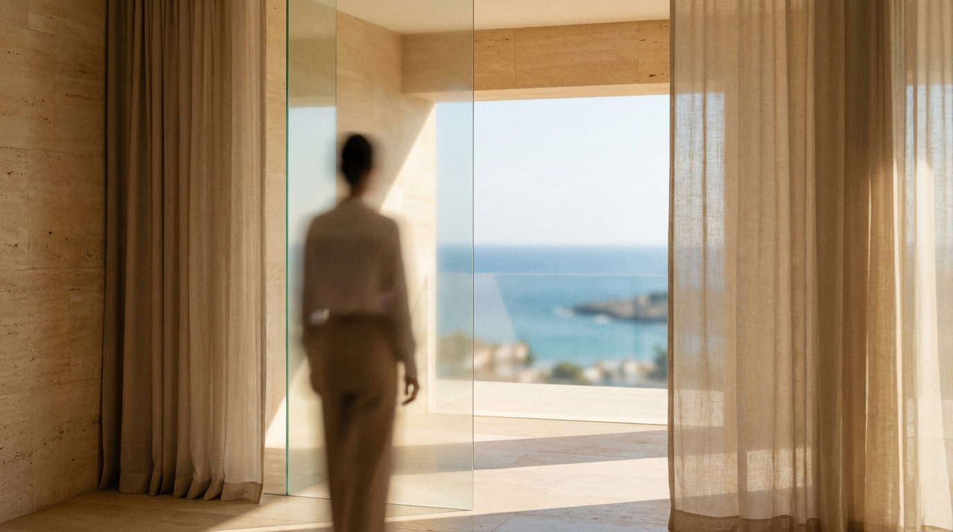 Persona desenfocada de pie junto a una puerta de vidrio que da a un balcón con vista al mar.