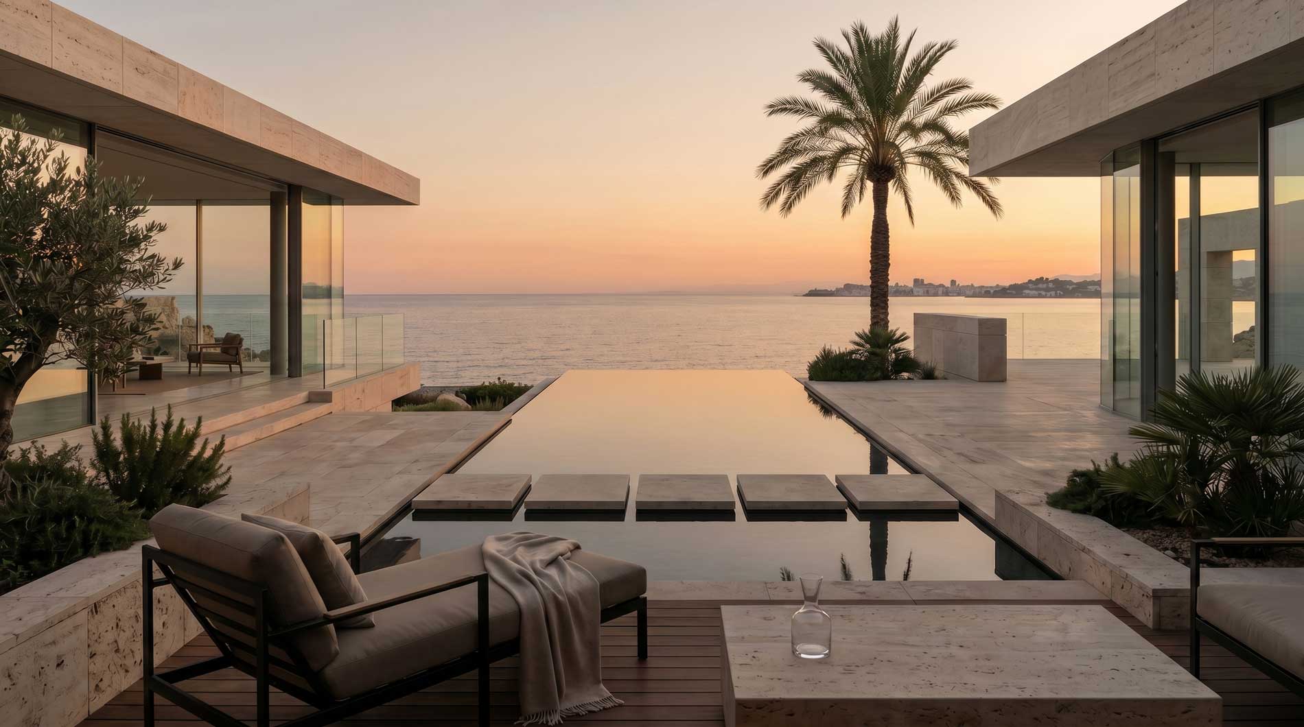 Vista al atardecer de una piscina infinita entre dos edificios modernos junto al mar.