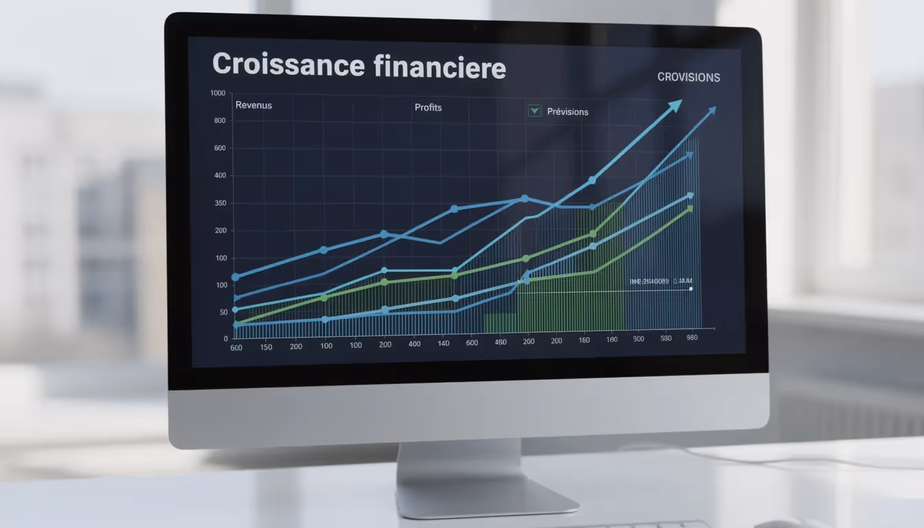 L'image montre un écran d'ordinateur affichant des graphiques de croissance financière, avec des courbes ascendantes symbolisant l'augmentation des investissements, notamment en lien avec des plans d'épargne retraite tels que le PER (Plan d'Épargne Retraite). Ces graphiques illustrent l'importance de l'épargne à long terme pour préparer sa retraite.