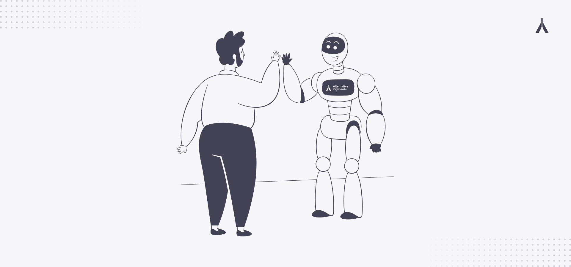 A man waving at his sidekick, an Alternative Payments robot
