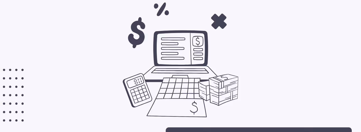 A calculator, calendar, stack of money, and a computer all being used to calculate customer acquisition cost