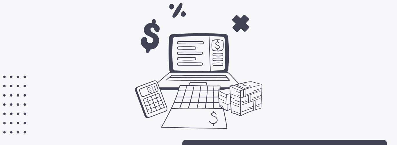 A calculator, calendar, stack of money, and a computer all being used to calculate customer acquisition cost