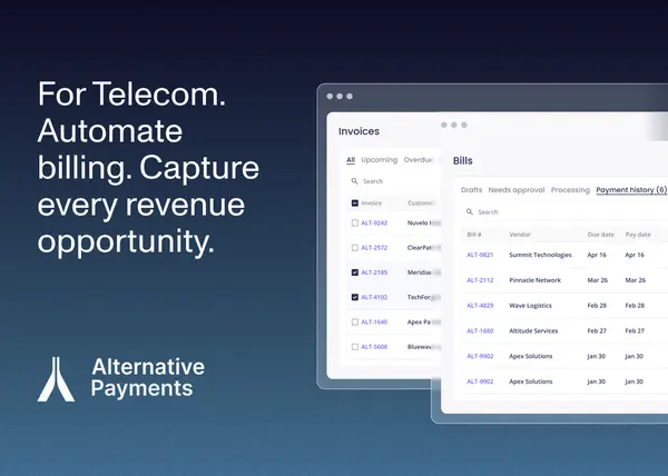 A futuristic image symbolizing digital transformation, featuring elements related to telecommunications, billing software, and automation. The center of the image features the theme of the title, stating “Telecom Billing Software” in white lettering outlined in light purple using bold soft edge lettering, which is both overlaid on top of a circular rectangle dark background and mildly transparent, which is also outlined in the same light purple. The Alternative Payments logo, in white and grey lettering, is in the top right corner.