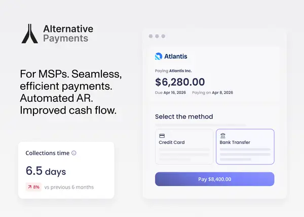 A digital art graphic image showing a digital representation of a smooth transaction process symbolizes the seamless nature of MSP payment systems. In a text box with a glowing effect, the text “The Power of MSP Payment” is written with the Alternative Payments graphic and title logo in the top left corner. The color scheme uses dynamic gradients accompanied by computers and payment processing machines.