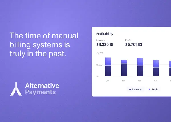 A 3D digital rendering of a laptop computer accompanied by different 3D accents and shapes. On the computer itself is the homepage for the Alternative Payments website where the power of accounts receivable software awaits.