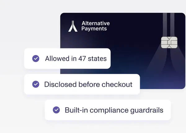 Dark Alternative Payments credit card beside three checklist items about credit card fees