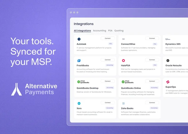 Alternative Payments integrations screen listing Autotask, ConnectWise, HaloPSA, QuickBooks, Xero, and other PSA and accounting tools, beside the line Your tools. Synced for your MSP.