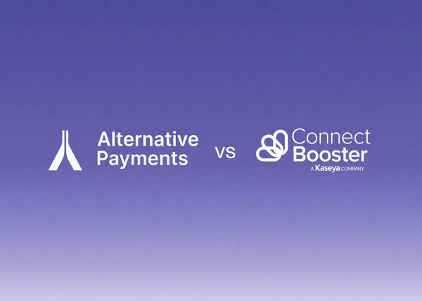 Alternative Payments and ConnectBooster logos side by side on a purple background
