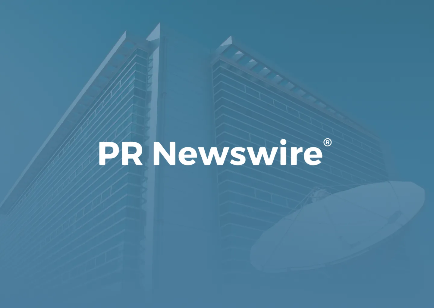 The PR Newswire logo over an office building and satellite dish
