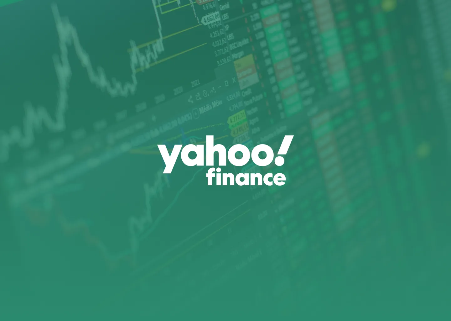 The Yahoo Finance logo over a blurred stock market chart