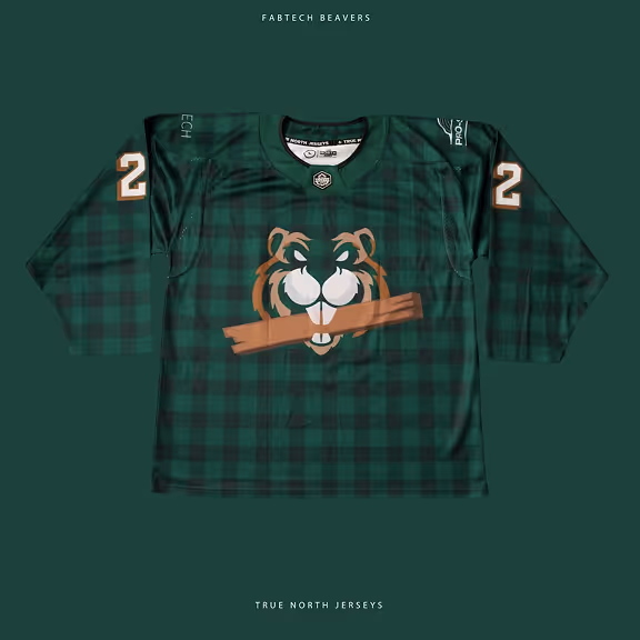 Green and black plaid hockey jersey featuring a beaver holding a log on the front and the number 2 on the sleeves.