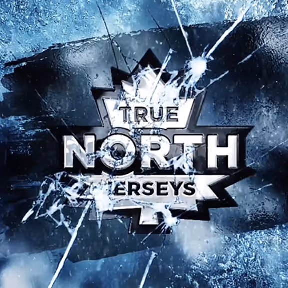 Logo with a maple leaf shape and the text 'TRUE NORTH JERSEYS' on a cracked icy background.