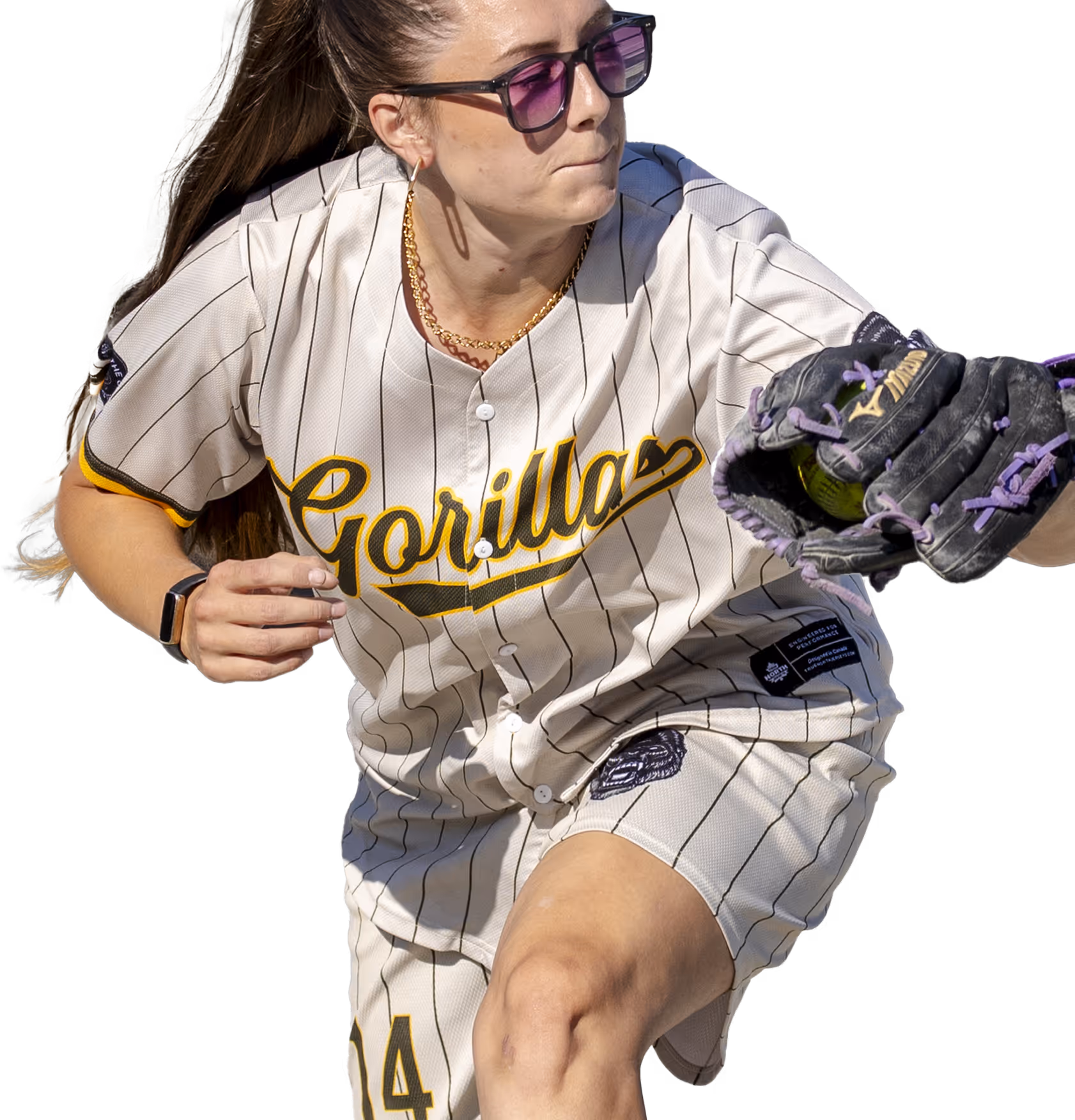 Female softball player in a white pinstriped jersey with 'Gorillas' in yellow, wearing sunglasses and catching a ball with a black glove.